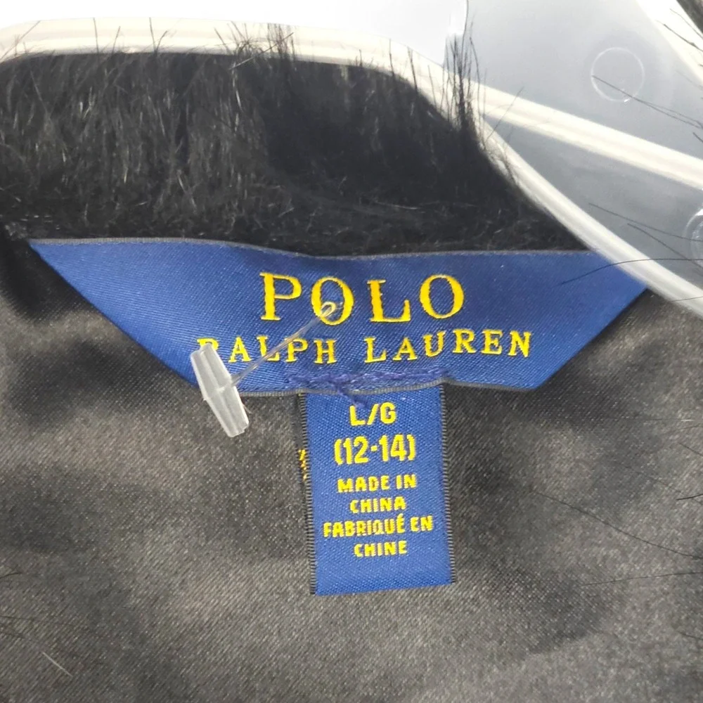 Polo Ralph Lauren Girls Black Faux Fur Vest Size L 12-14 Open Front Layering